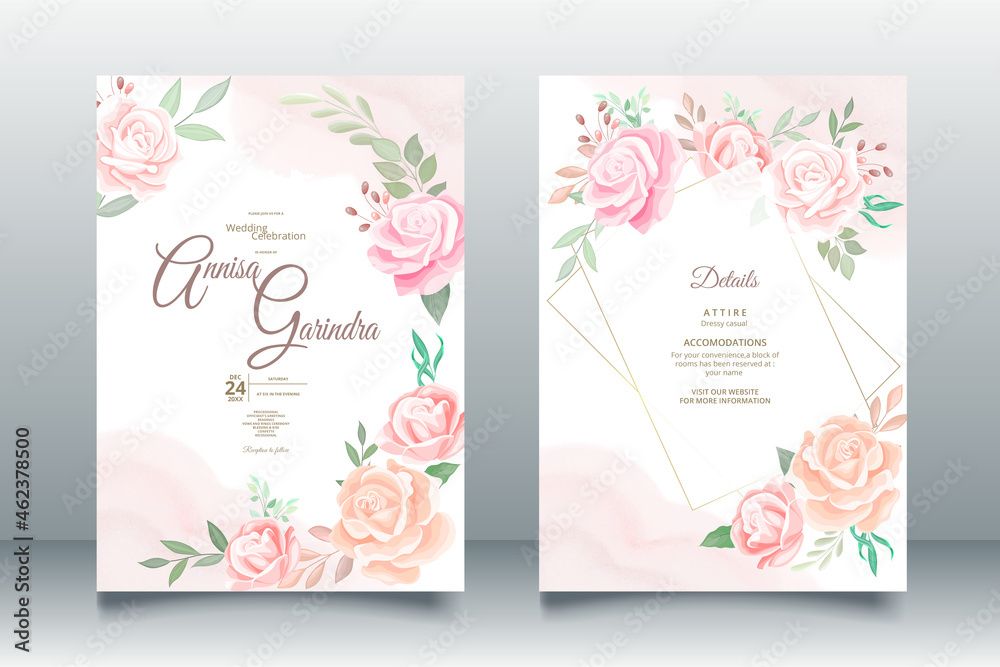  Romantic Wedding invitation card template set with beautiful  floral leaves Premium Vector
