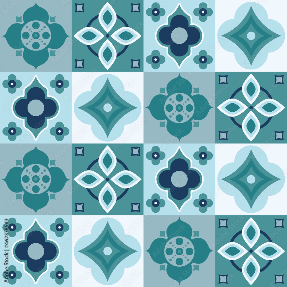 Aqua, blue, teal, mint and turquoise green Moroccan tile seamless vector repeat pattern. Simple, geometric, flat, clean, minimal and modern style Mediterranean and Talavera mosaic art texture design. Aqua, blue, teal, mint and turquoise green Moroccan tile seamless vector repeat pattern. Simple, geometric, flat, clean, minimal and modern style Mediterranean and Talavera mosaic art texture design.