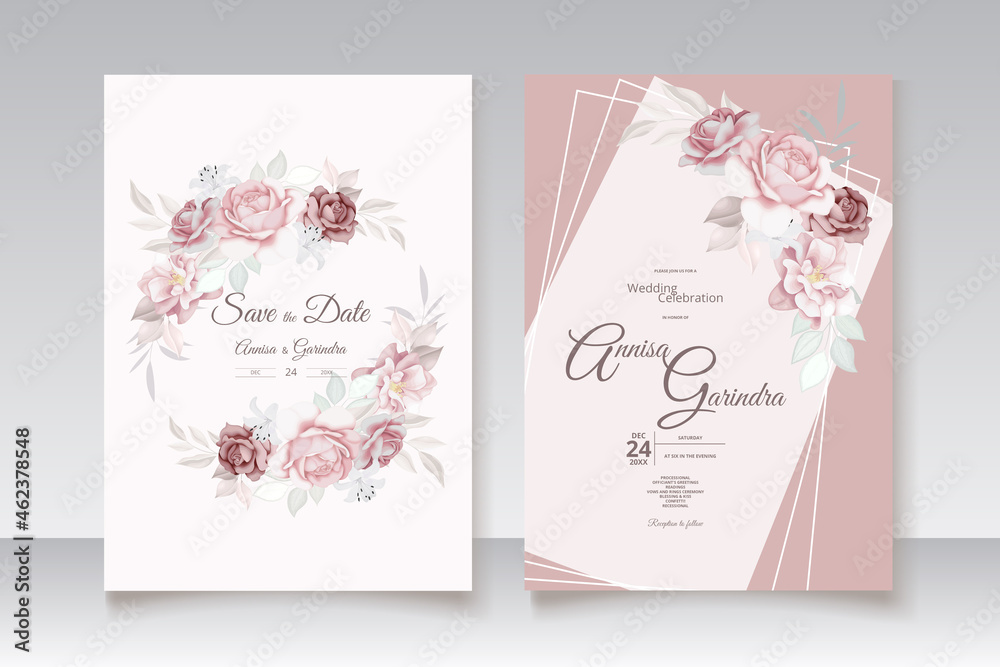  Elegant wedding invitation card with beautiful floral and leaves template Premium Vector