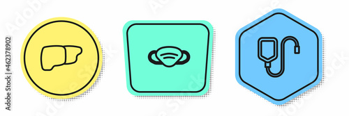 Set line Human organ liver, Medical protective mask and IV bag. Colored shapes. Vector