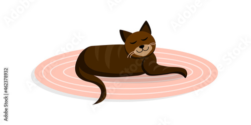 Brown cute cat lies on a cozy carpet. Vector cartoon illustration.