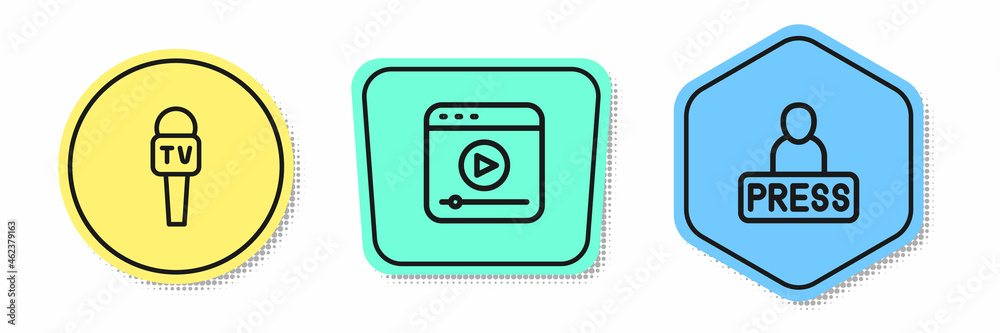 Set line Microphone, Live stream and Journalist news. Colored shapes. Vector Set line Microphone, Live stream and Journalist news. Colored shapes. Vector