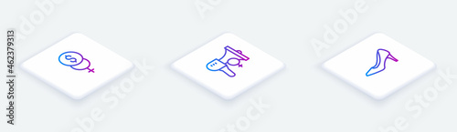 Set Isometric line Feminism finance, Feminist activist and Woman shoe. White square button. Vector