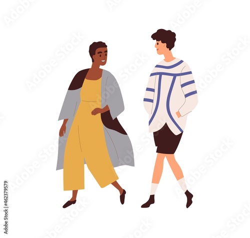 Interracial couple of man and woman walking and talking. Biracial friends chatting. Happy people strolling. Boyfriend and girlfriend at meeting. Flat vector illustration isolated on white background