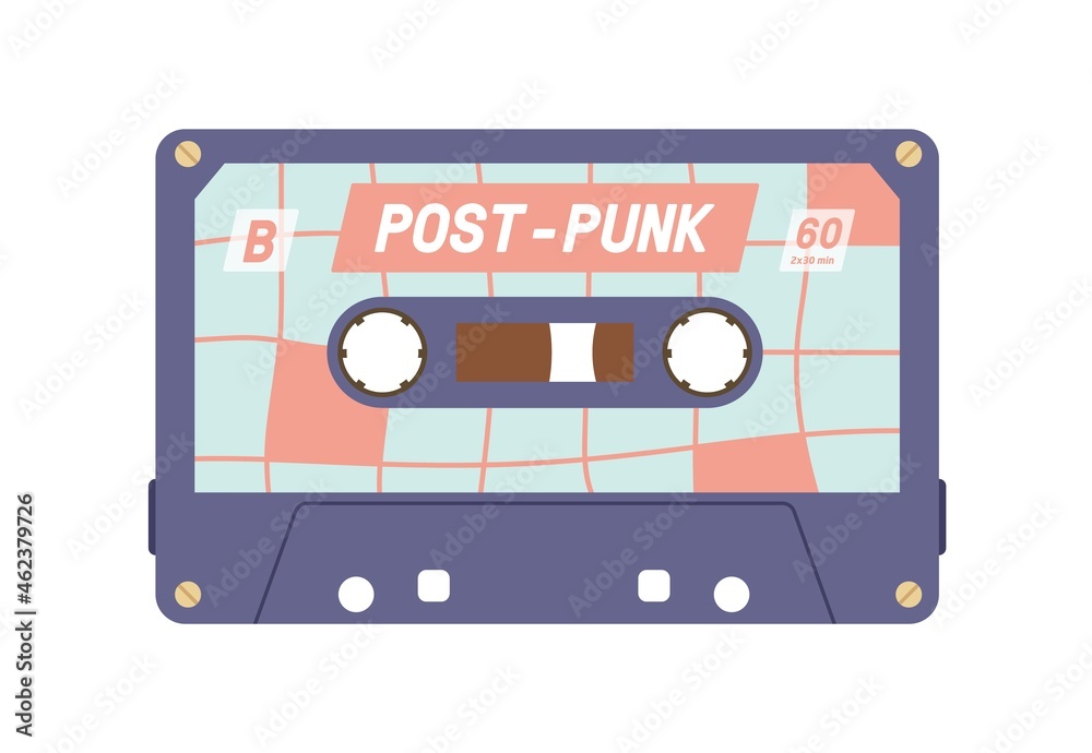 Audio cassette from 80s. Retro tape records of 90s music. Old analog casette. Compact audiocassette of 1980s and 1990s. Nostalgic object. Colored flat vector illustration isolated on white background