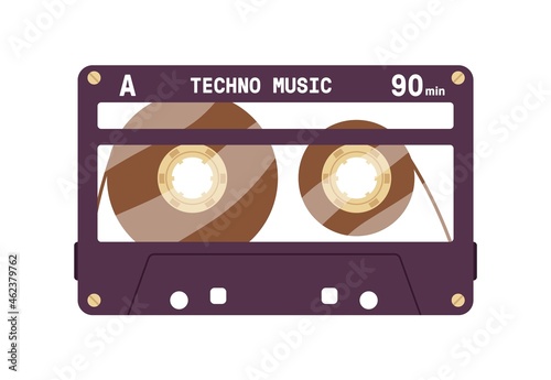 Audio cassette from 90s. Retro magnetic tape record of techno music. Old anal...