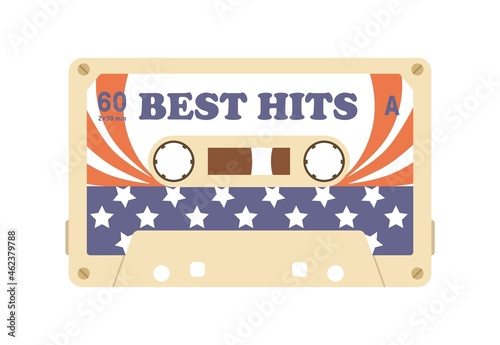 Audio cassette with 80s records on magnetic tape. Old casette of best hits of american music. Nostalgic outdated audiocassette. Colored flat vector illustration isolated on white background