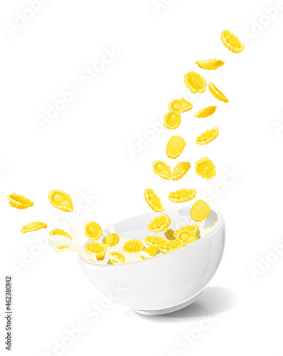 Cornflakes in ceramic bowl. Traditional dry corn flakes breakfast food, Isolated on white background. Vector illustration.