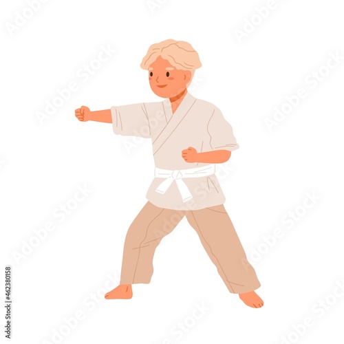 Boy practicing karate. Cute kid doing taekwondo exercises. Child training in kimono with white belt. Junior sports activity. Martial art. Isolated flat vector illustration of young athlete punching