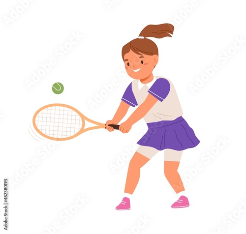 Girl playing tennis, serving ball with racket. Happy kid in skirt training. Active child doing sports. Junior athlete exercising. Colored flat vector illustration isolated on white background