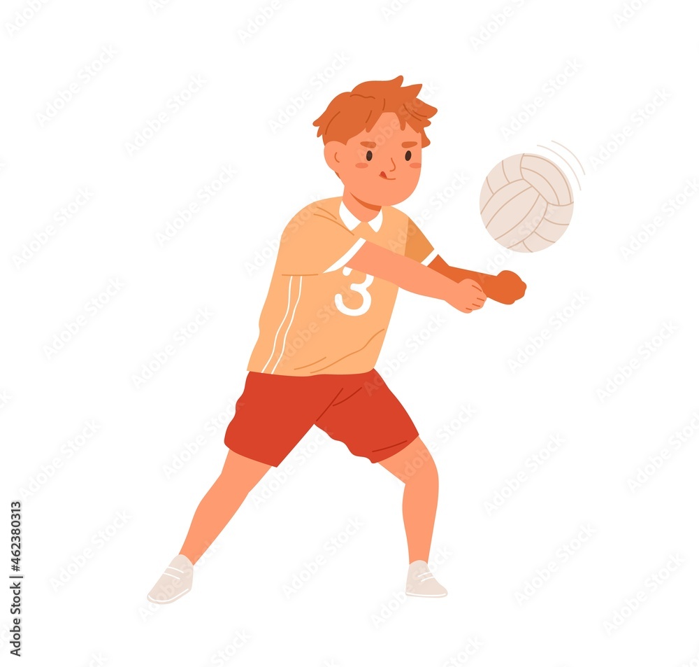 Volleyball player kid serving ball with hands. Funny boy playing active  game. Happy cute school child during sports activity. Colored flat vector  illustration isolated on white background Stock Vector | Adobe Stock