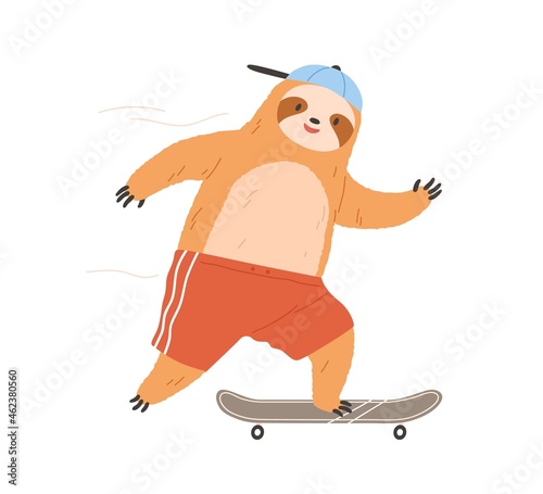Cute sloth riding skateboard. Cool funny character skating on board. Happy smiling animal skater. Fluffy skateboarder. Colored flat vector illustration isolated on white background