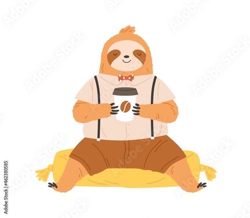 Cute sleepy sloth with coffee cup in paws. Lazy slow animal drinking and enjoying coffe in morning. Funny happy baby character in clothes. Flat vector illustration isolated on white background