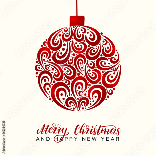Shiny red foil Christmas ball decorated by hand drawn lettering. Merry Christmas and happy new year trendy illustration as card, postcard, social media post template.