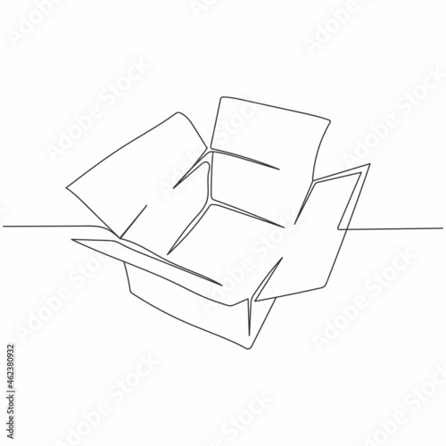 Continuous one line drawing of open cardboard box in silhouette on a white background. Linear stylized.