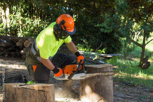 lumberjack or forestry worker working with chainsaw