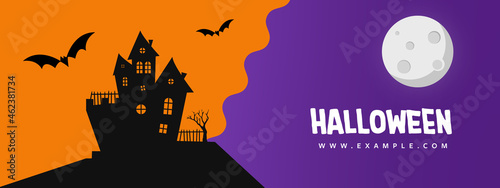 Halloween banner, sale marketing idea, pumpkin, orange and purple accent, haunted house, bats, moon, modern seasonal vector illustration template, scary graphic design, minimalist celebration layout photo