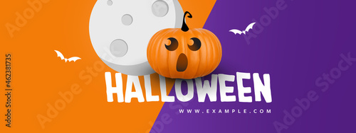 Halloween banner, sale marketing idea, pumpkin, orange and purple accent, haunted house, bats, moon, modern seasonal vector illustration template, scary graphic design, minimalist celebration layout