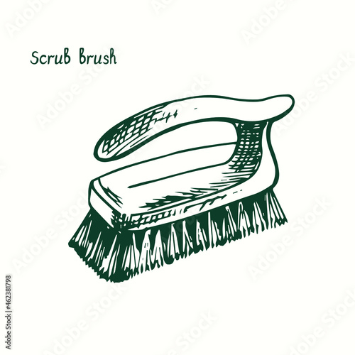 Scrub brush with handle. Ink black and white doodle drawing in woodcut style.