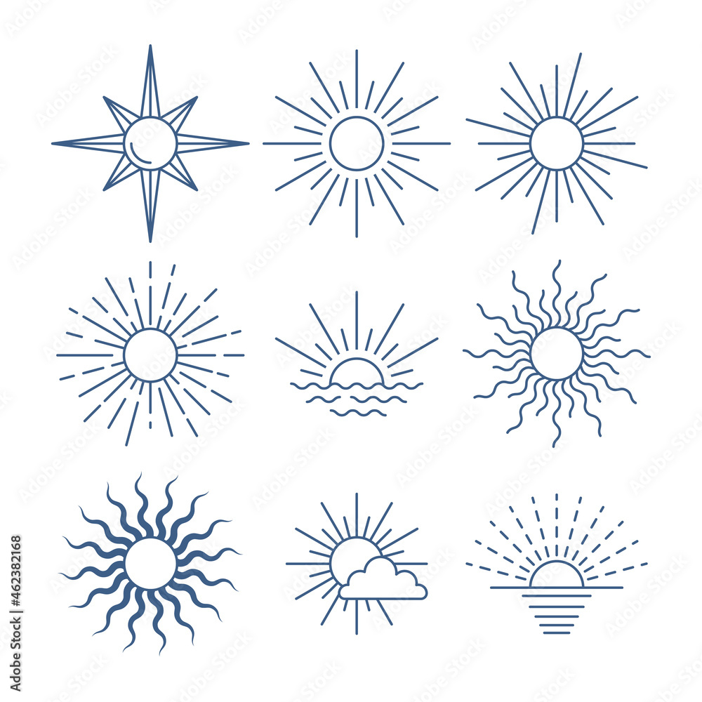 Obraz premium Sun Sign Thin Line Icon Design Templates Symbol of Star. Vector illustration of Different Types Suns