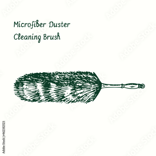 Microfiber Duster Cleaning brush. Ink black and white doodle drawing in woodcut style.