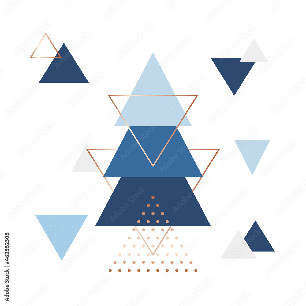 Minimalistic scandinavian background in form of blue triangles. Trendy geometric style. Scandi backdrop. Design template for fashion wallpaper, poster, cover, banner etc.