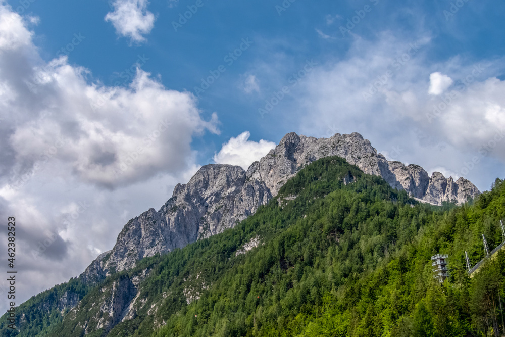 View of the top of  Triglav Mountain from the ground in Slovenia
