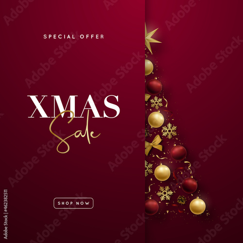 Decorative Christmas tree. Christmas Sale background. Realistic gold and red balls, star, snowflakes and serpantine. Design template for web site, social media, flyer, poster etc.