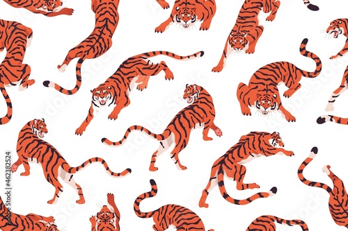 Seamless pattern with angry tigers. Endless repeating background with evil wi...