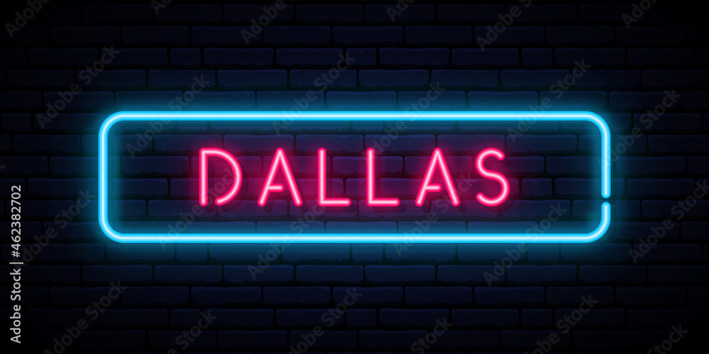 Dallas neon signboard. Glowing banner. Stock vector illustration. - obrazy, fototapety, plakaty 