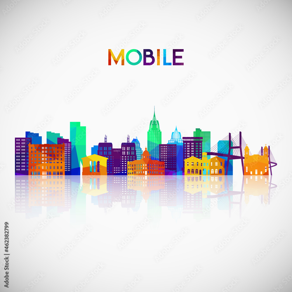 Mobile skyline silhouette in colorful geometric style. Symbol for your design. Vector illustration.