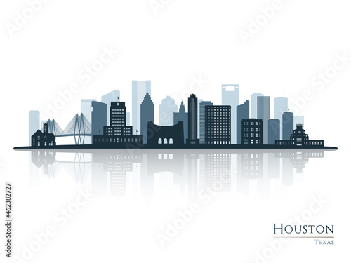 Houston skyline silhouette with reflection. Landscape Houston, Texas. Vector illustration.