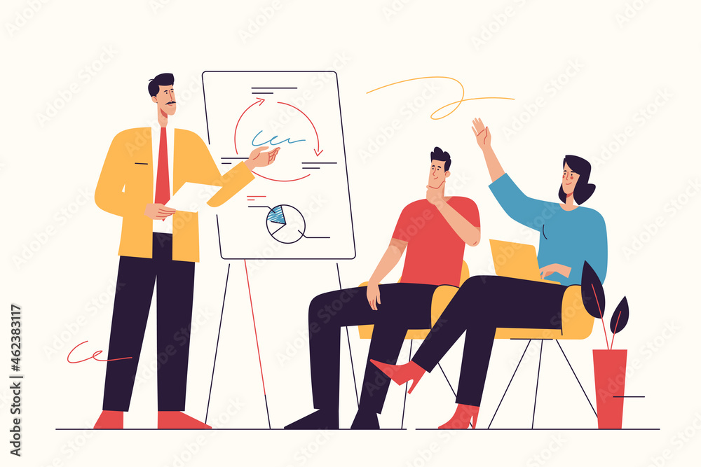 Vector illustration depicting a group of businesspeople listening to the trainer, coach, speaker at seminar. Editable stroke