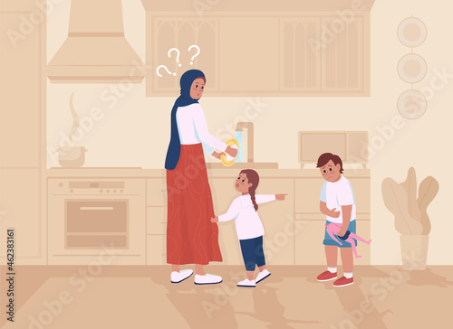 Kids in trouble with mom flat color vector illustration. Girl telling on brother. Sibling blaming another. Worried mother with children 2D cartoon characters with household interior on background