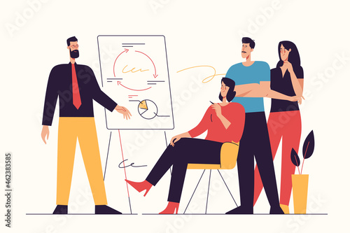 Vector illustration depicting a group of businesspeople listening to the trainer, coach, speaker at seminar. Editable stroke