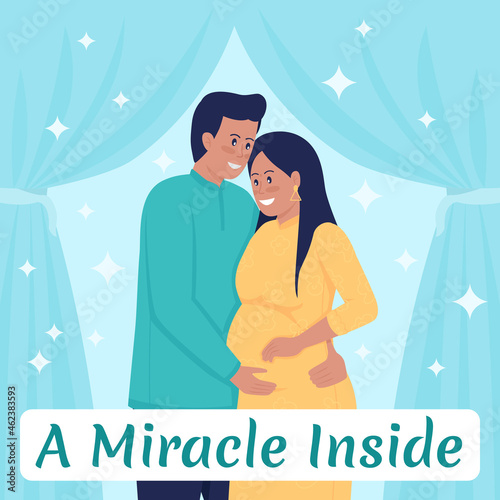 Pregnancy social media post mockup. Happy couple. Miracle inside phrase. Web banner design template. Maternity booster, content layout with inscription. Poster, print ads and flat illustration