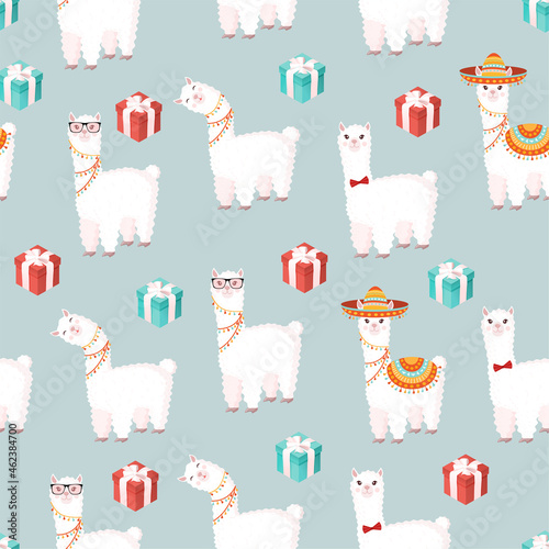 Seamless pattern with funny llamas in a sombrero with gifts on a gray background. Vector illustration suitable for baby texture, textile, fabric, poster, greeting card, decor. Cute alpaca from Peru.