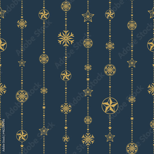 Gold stars and snowflakes on a dark blue background. Winter abstract drawing. Christmas ornaments. Vector seamless pattern.