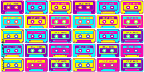 Music concept with audio cassette. Seamless pattern for wallpaper, web or printable background. 90's style.