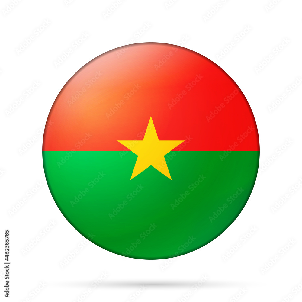 Glass light ball with flag of Burkina Faso. Round sphere, template icon. National symbol. Glossy realistic ball, 3D abstract vector illustration highlighted on a white background. Big bubble Glass light ball with flag of Burkina Faso. Round sphere, template icon. National symbol. Glossy realistic ball, 3D abstract vector illustration highlighted on a white background. Big bubble