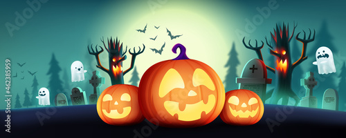 Halloween Fullmoon Horizontal banner or background with Halloween pumpkins,cute ghost and moonlight in the graveyard. Flyer or invitation template for Halloween party. Vector illustration EPS10