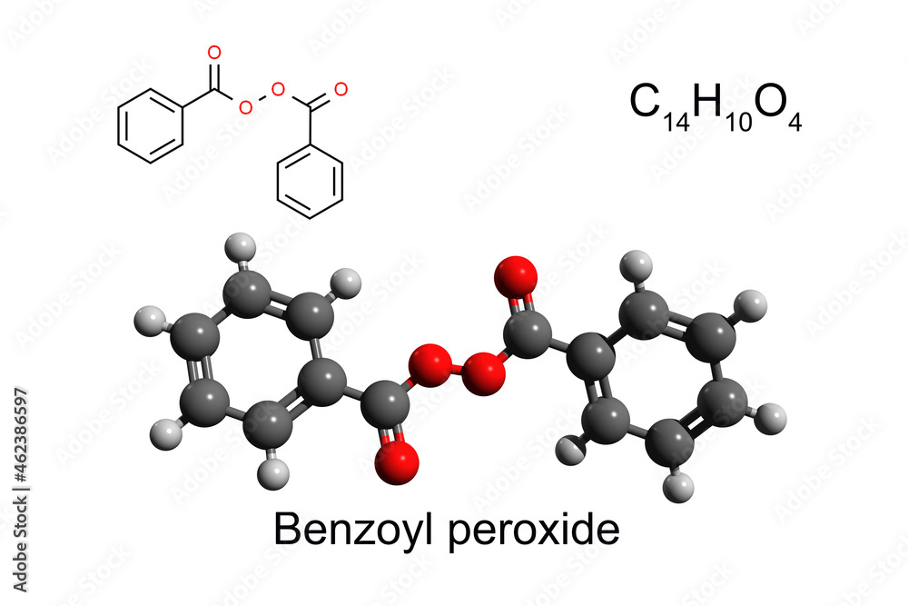 Chemical formula, structural formula and 3D ball-and-stick model of a disinfectant benzoyl peroxide, white background Chemical formula, structural formula and 3D ball-and-stick model of a disinfectant benzoyl peroxide, white background