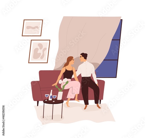 Love couple on romantic date with wine at home. Man and woman sitting on couch in evening. Happy intimate valentines passion. Colored flat vector illustration of lovers isolated on white background