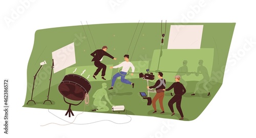 Cameraman, assistants and actors at film-making process, recording fight scene of action movie in chromakey studio. Backstage of video production. Flat vector illustration isolated on white background