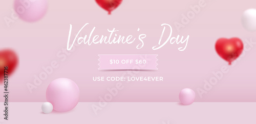 Valentines Day Sale background, creative vector illustration. Beautiful banner design concept, romantic background with 3d balls, flying balloons. Soft pink colors, banner template for graphic design.