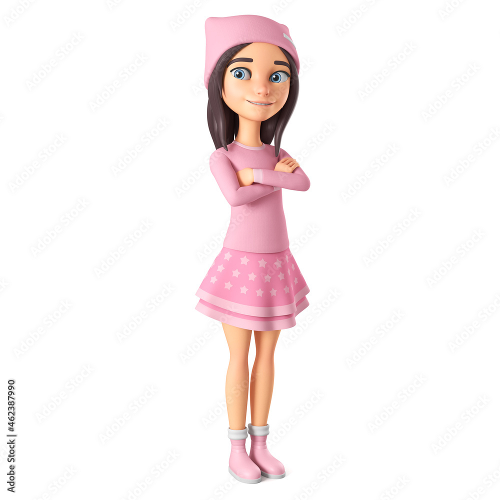 Cartoon character of a cheerful girl in pink clothes stands with her arms folded on her chest. 3d render illustration.