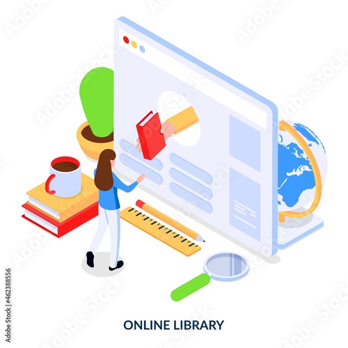 Online library concept. Girl taking a book on a website. Isometric vector illustration on white background.