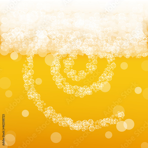 Lager beer. Background with craft splash. Oktoberfest foam. Yellow flyer layout. Czech pint of ale with realistic bubbles. Cool liquid drink for restaurant. Gold cup for oktoberfest foam.