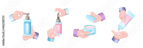 Beauty routine graphic concept hands set. Human hands holding bottles with cleansing gel, creams and skin care products. Female hygiene procedures. Vector illustration with 3d realistic objects