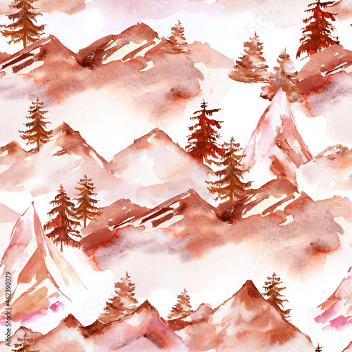 Watercolor mountain landascape seamless pattern. Travel illustration with scandinavian nature. Autumn mountains and forest for wallpaper  photo